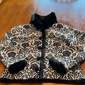 CARSON Black and White Patterned Jacket with Faux Fur Trim and Beautiful Buttons